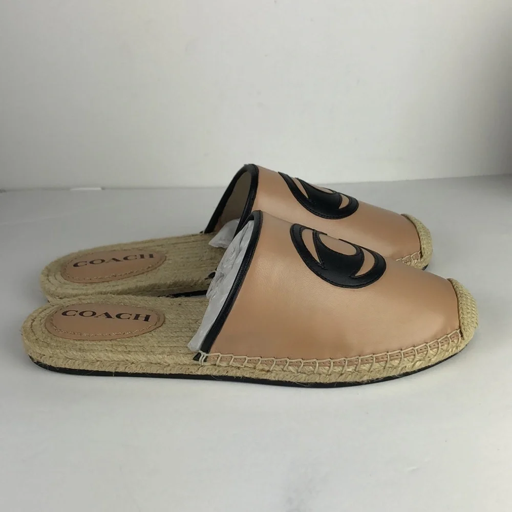 NEW Coach Channing Beechwood Chic Leather Espadrille Slides Mules Flats 9